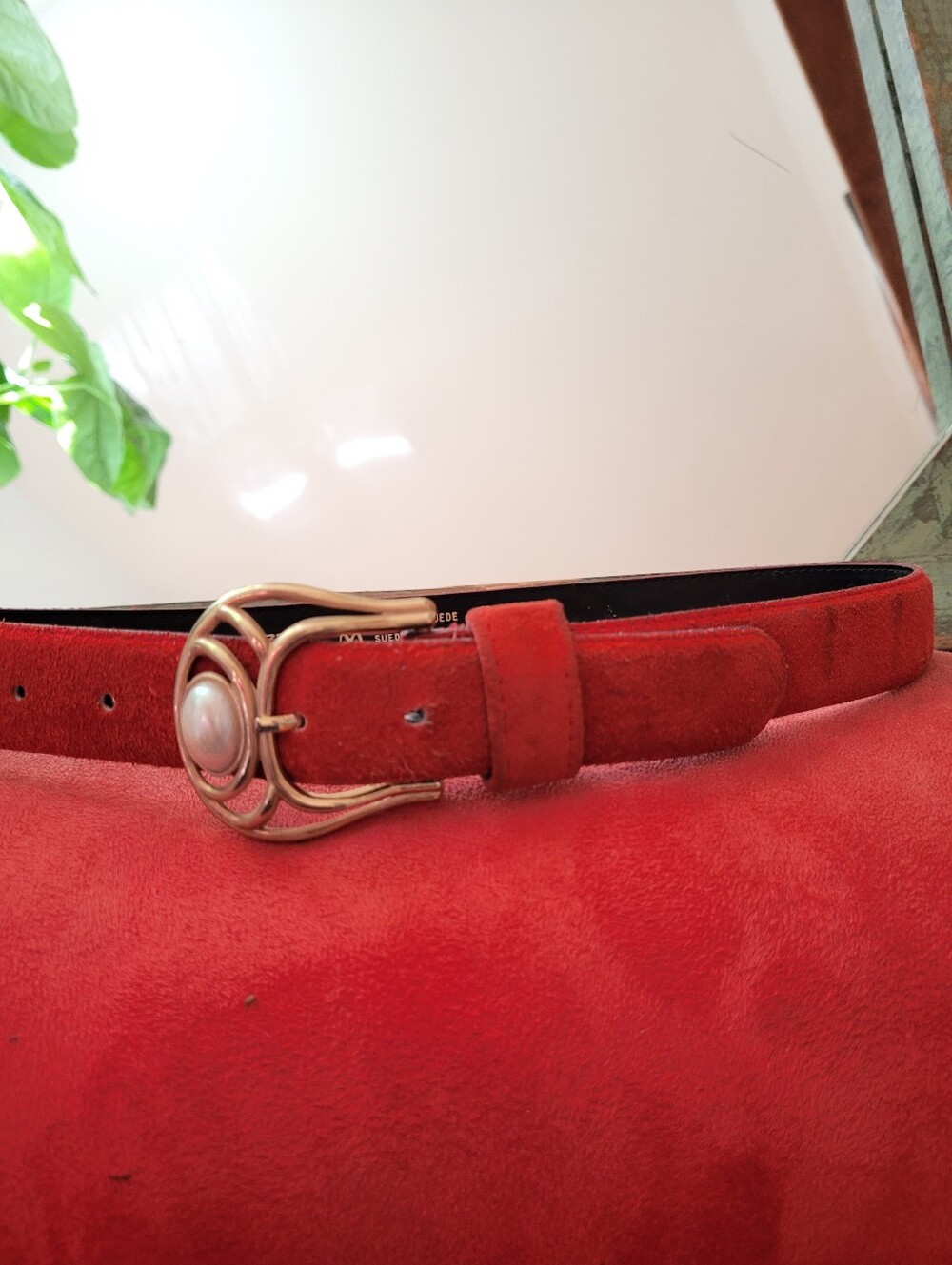 Landes Genuine Red Suede Women's Belt with Decorative Pearl Gold Buckle - 28-31"